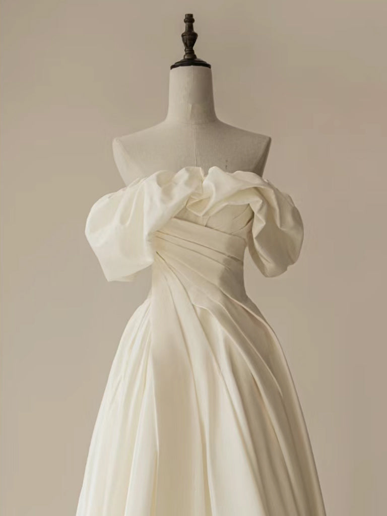 A-Line Off Shoulder Ivory Satin Long Prom Dress, ivory Long Formal Dress