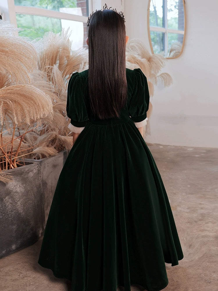 Simple High Neck Velvet Green Long Flower Girl Dress – shopluu