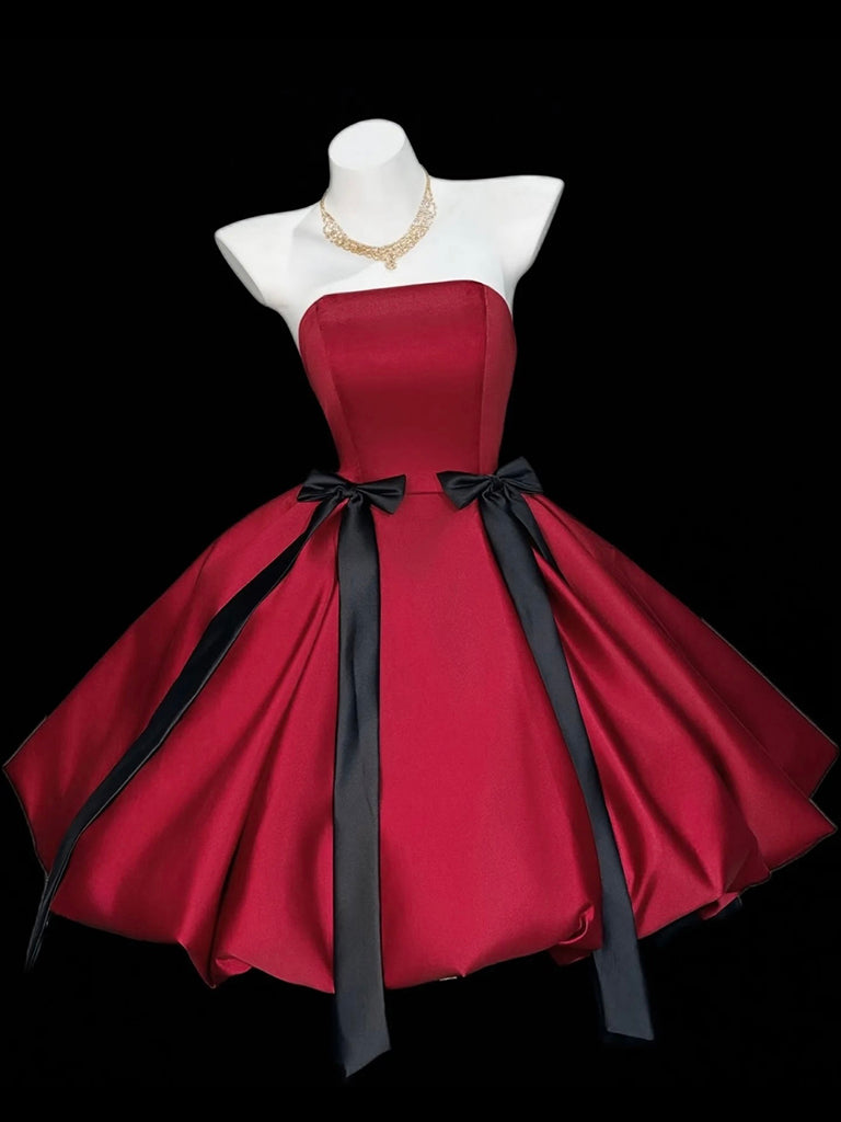 Ball Gown Satin Short Burgundy Formal Dress With Bow Tie