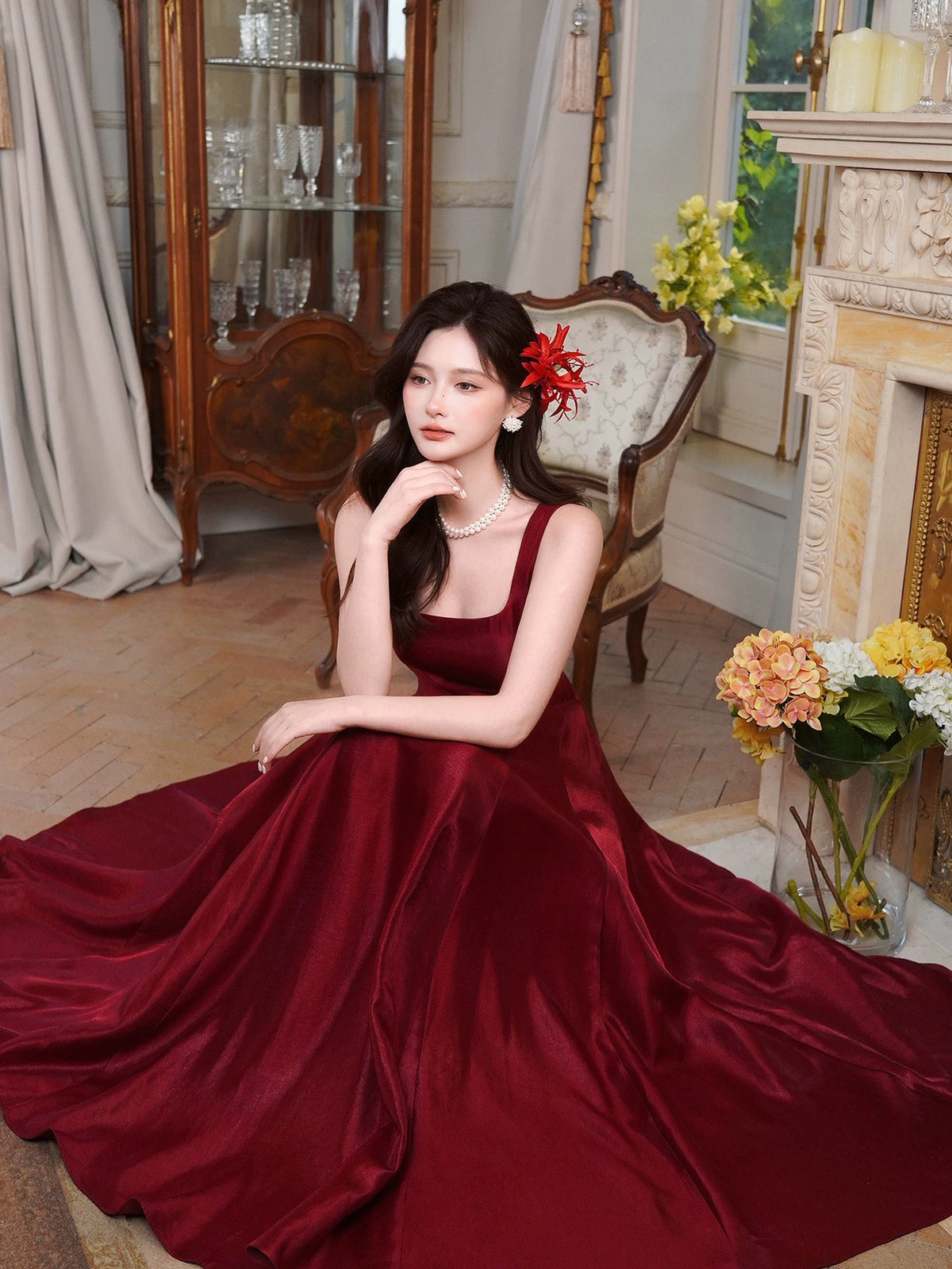 A-Line Satin Burgundy Long Prom Dress, Burgundy Long Party Dress