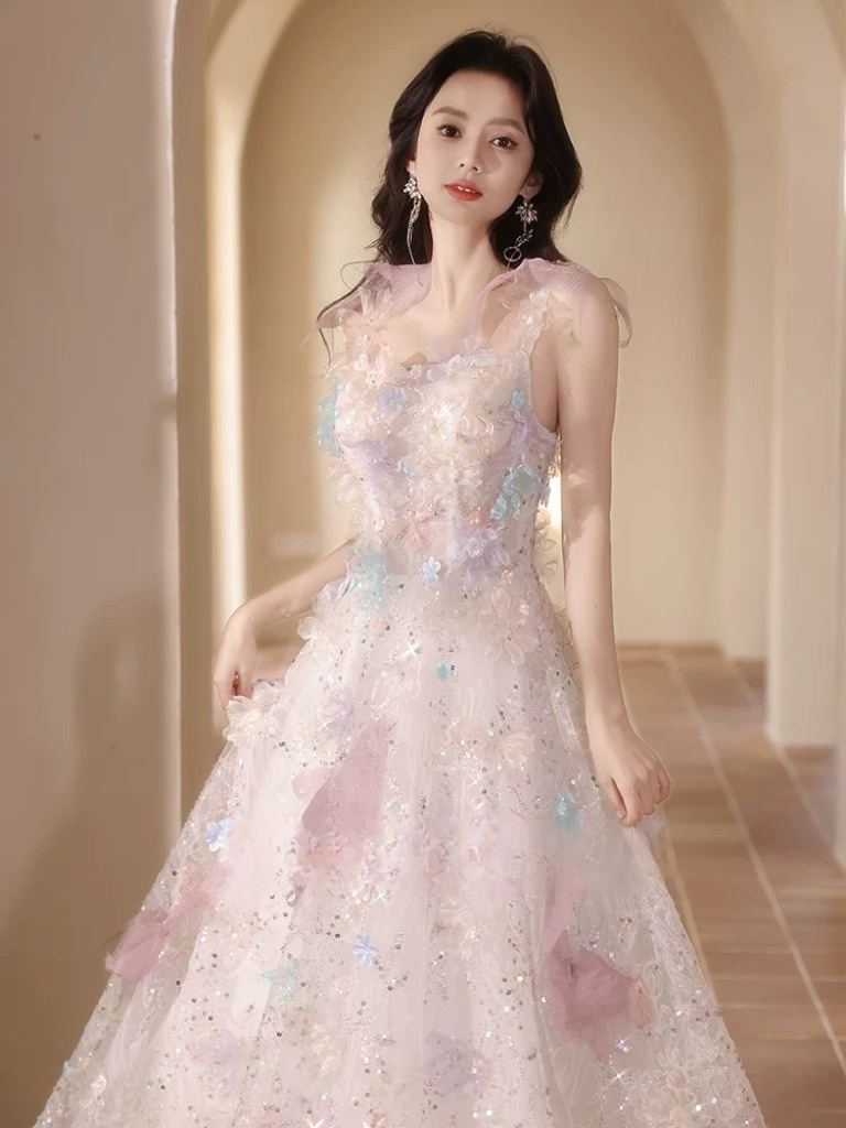 A-Line Tulle Lace Light Pink Long Prom Dress, Light Pink Formal Dress