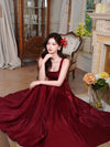 A-Line Satin Burgundy Long Prom Dress, Burgundy Long Party Dress
