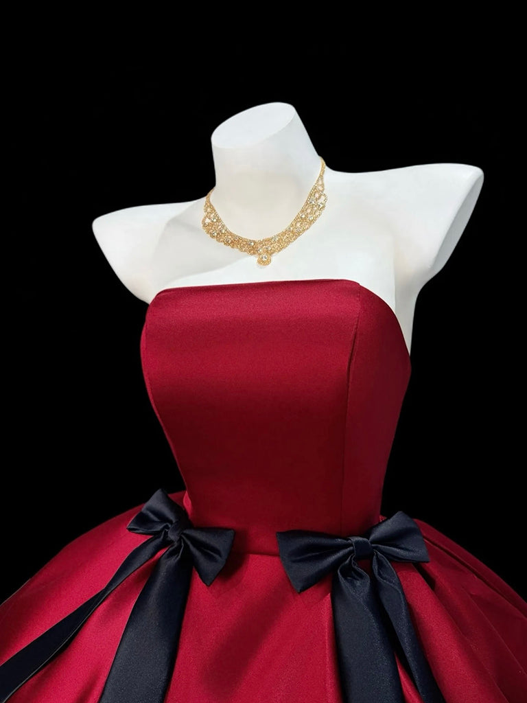 Ball Gown Satin Short Burgundy Formal Dress With Bow Tie