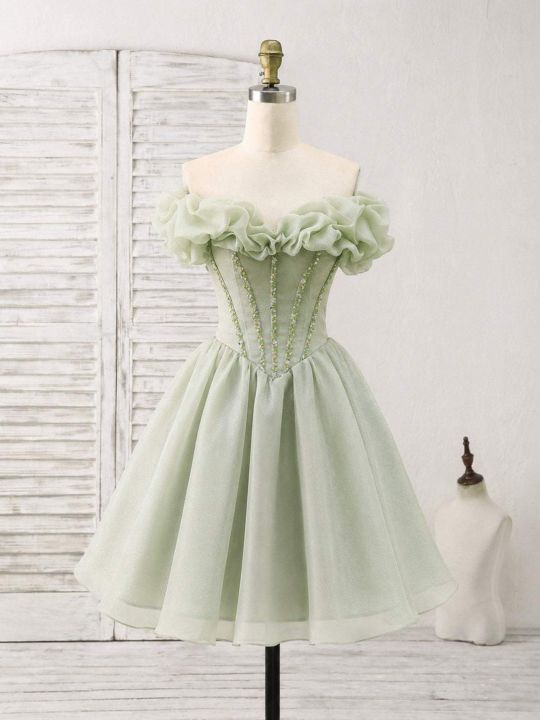 A-line Off Shoulder Short Green Prom Dress, Cute Homecoming Dress with – shopluu
