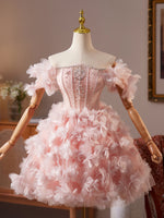 Cute Tulle Beads Flower Pink Short Prom Dress, Pink Homecoming Dress