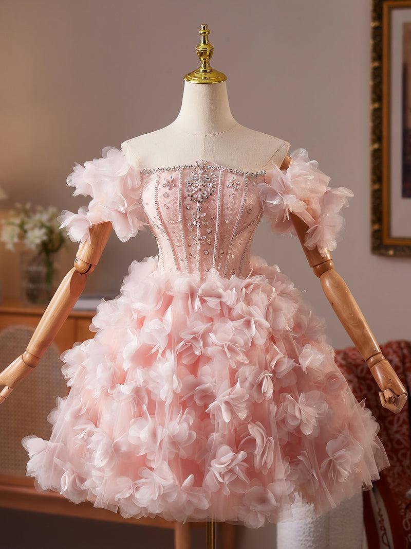 Cute Tulle Beads Flower Pink Short Prom Dress, Pink Homecoming Dress