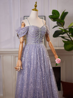 A-Line Off Shoulder Tulle Sequin Blue Long Prom Dress, Tulle Sequin Evening Dress
