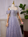 A-Line Off Shoulder Tulle Sequin Blue Long Prom Dress, Tulle Sequin Evening Dress