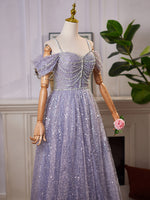 A-Line Off Shoulder Tulle Sequin Blue Long Prom Dress, Tulle Sequin Evening Dress