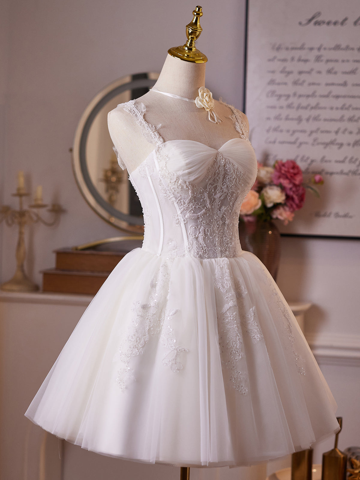 White Tulle Lace Short Prom Dress, White Homecoming Dress