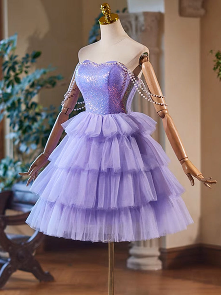 A-Line Tulle Sequin Purple Short Prom Dress, Purple Homecoming Dress