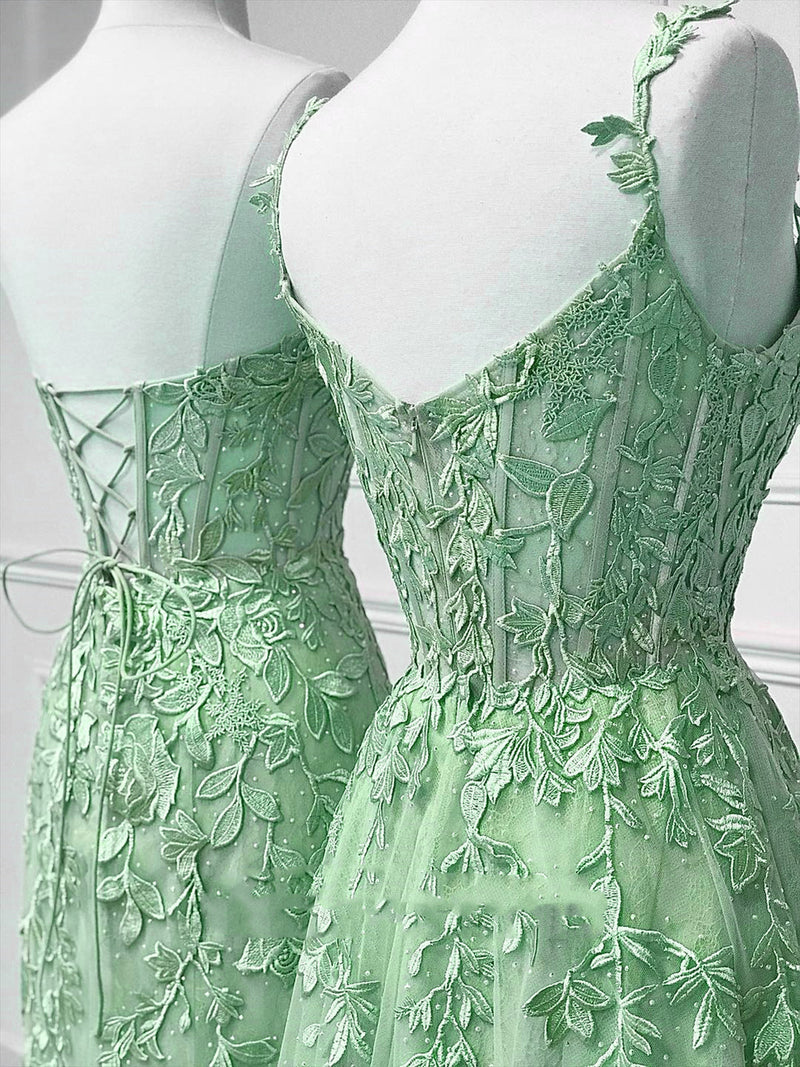 A-Line Tulle Lace Green Long Prom Dress, Green Lace Long Graduation Dr – shopluu