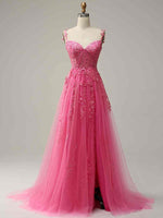 Pink Lace Tulle Long Prom Dress