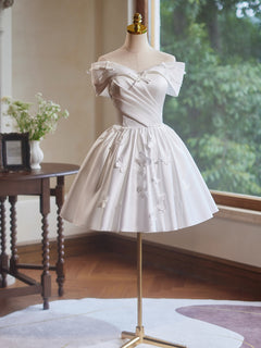 Off Shoulder A-Line Satin White Short Prom Dress with Butterfly Applique