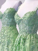 A-Line Tulle Lace Green Long Prom Dress, Green Lace Long Graduation Dress