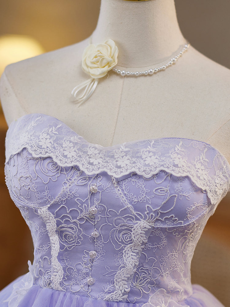 A-Line Sweetheart Neck Tulle Lace Purple Short Prom Dress, Purple Homecoming Dress