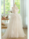 Sweetheart Neck Tulle Beads Light Champagne Long Prom Dress, Light Champagne Formal Dress