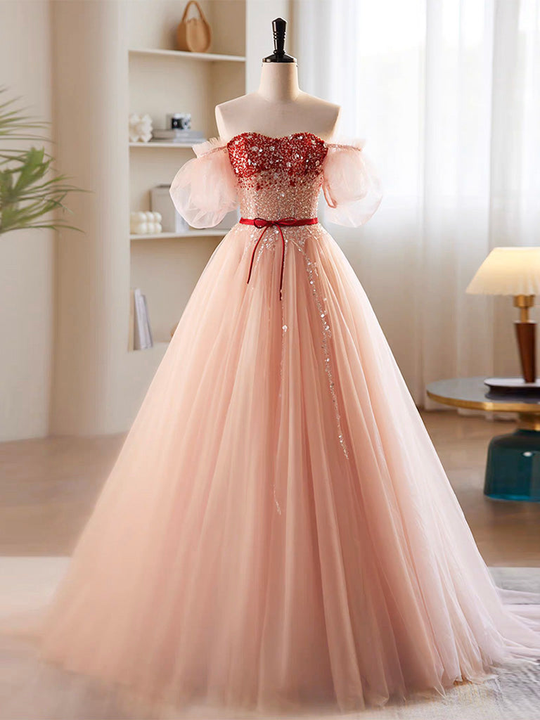 A-Line Sweetheart Neck Sequin Tulle Pink Long Prom Dress, Pink Formal Dress