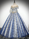 A-Line Tulle Sequin Lace Blue Long Prom Dress, Blue Long Evening Dress