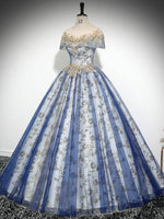A-Line Tulle Sequin Lace Blue Long Prom Dress, Blue Long Evening Dress