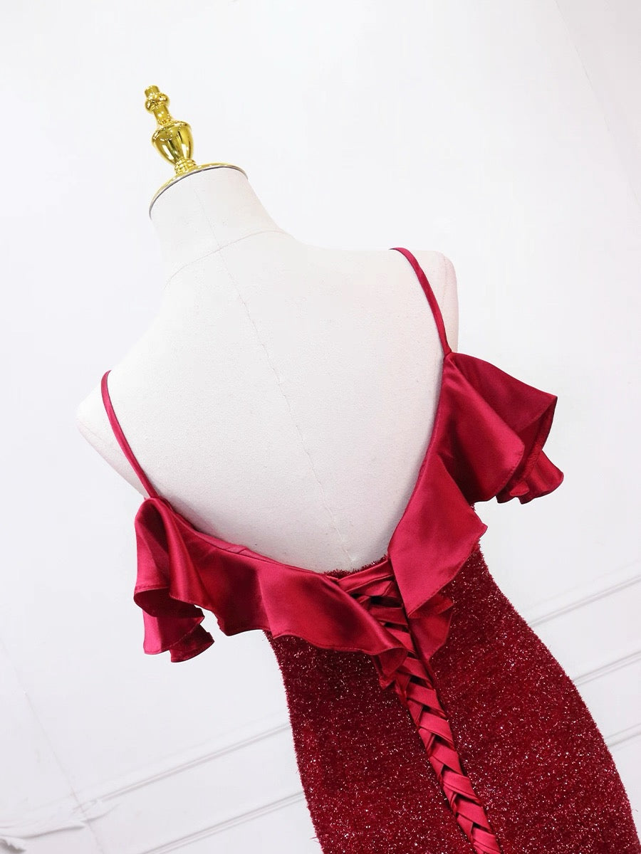 Mermaid V Neck Burgundy Long Prom Dress, Burgundy Long Formal Dress