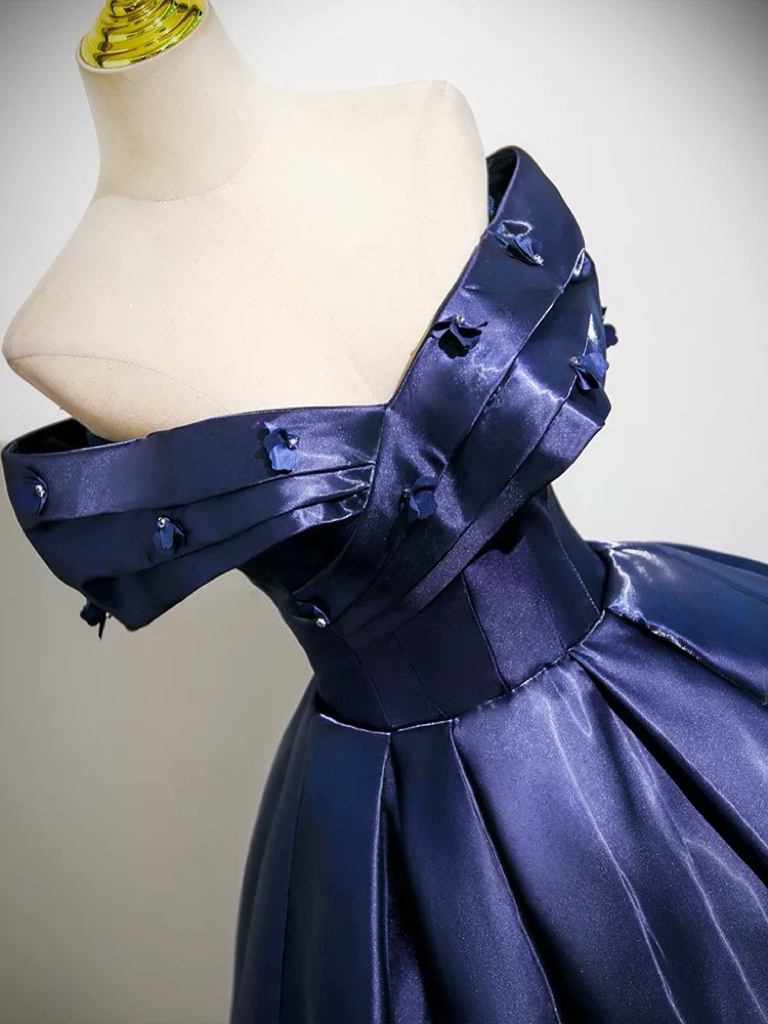 A-Line Off Shoulder Satin Dark Blue Long prom Dress, Dark Blue Long Formal Dress