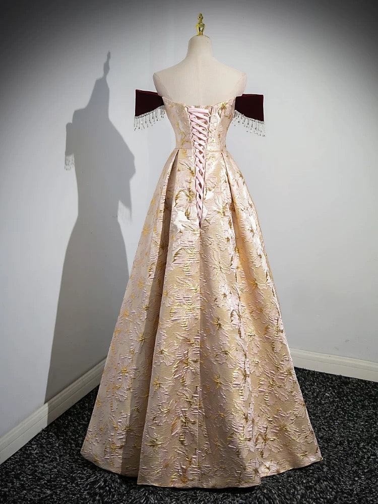 A-Line Off Shoulder Satin Champagne Long Prom Dress, Champagne Long Formal Dress