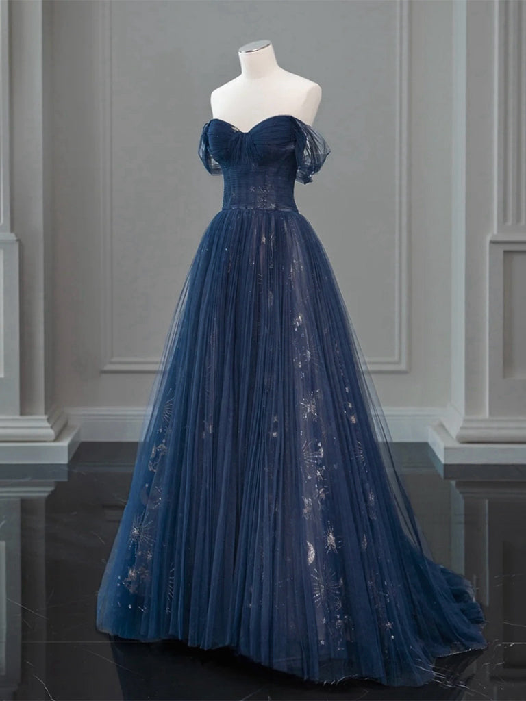 cute dark blue dresses A-Line Off Shoulder Tulle Lace Long Prom Dress, Dark Blue Lo – shopluu Lace Ball Gown Perfect Cleavage Tape F-02 your fabulous flower girl Size:King