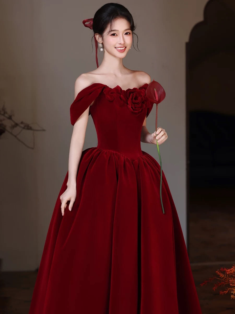Sweetheart Off Shoulder Velvet Floor Length Burgundy Long Prom Dress