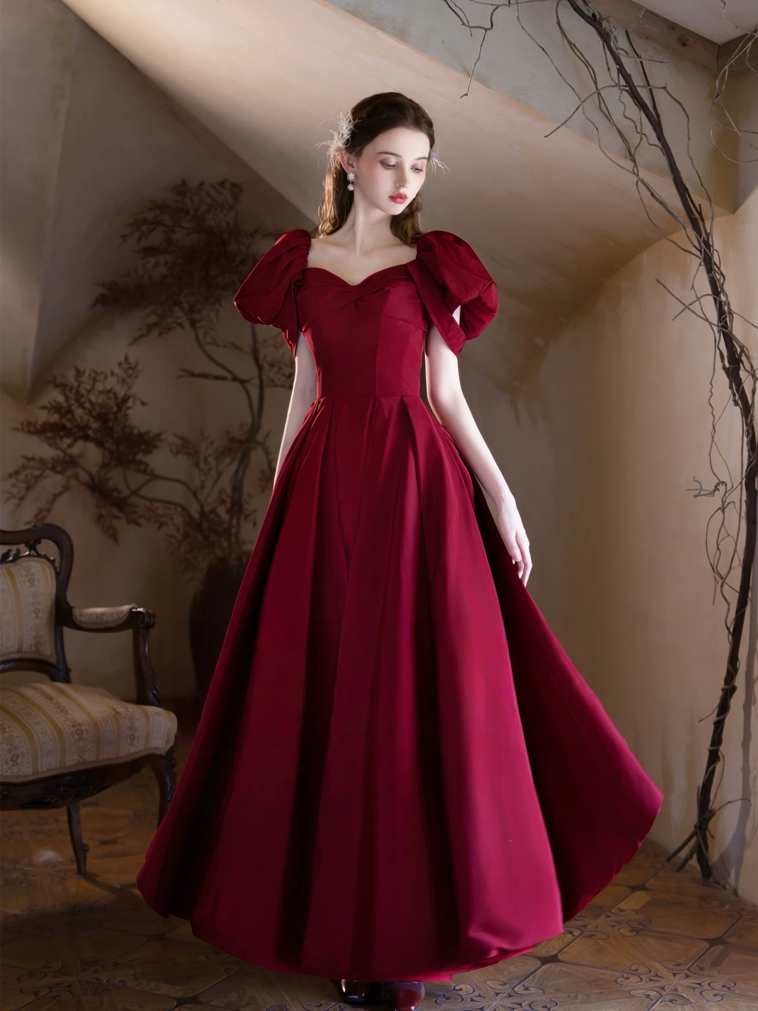 Burgundy Satin Formal Evening Gown with Puff Sleeve, A-Line Long Prom Dress US 2 / Burgundy Burgundy Satin Formal Evening Gown with Puff Sleeve, A-Line Long Prom Dress US 2 / Burgundy