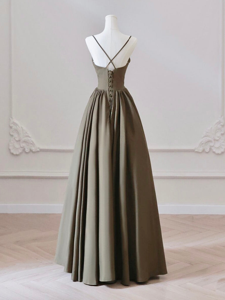 A-Line V Neck Satin Olive Green Long Prom Dress, Olive Green Long Formal Dress