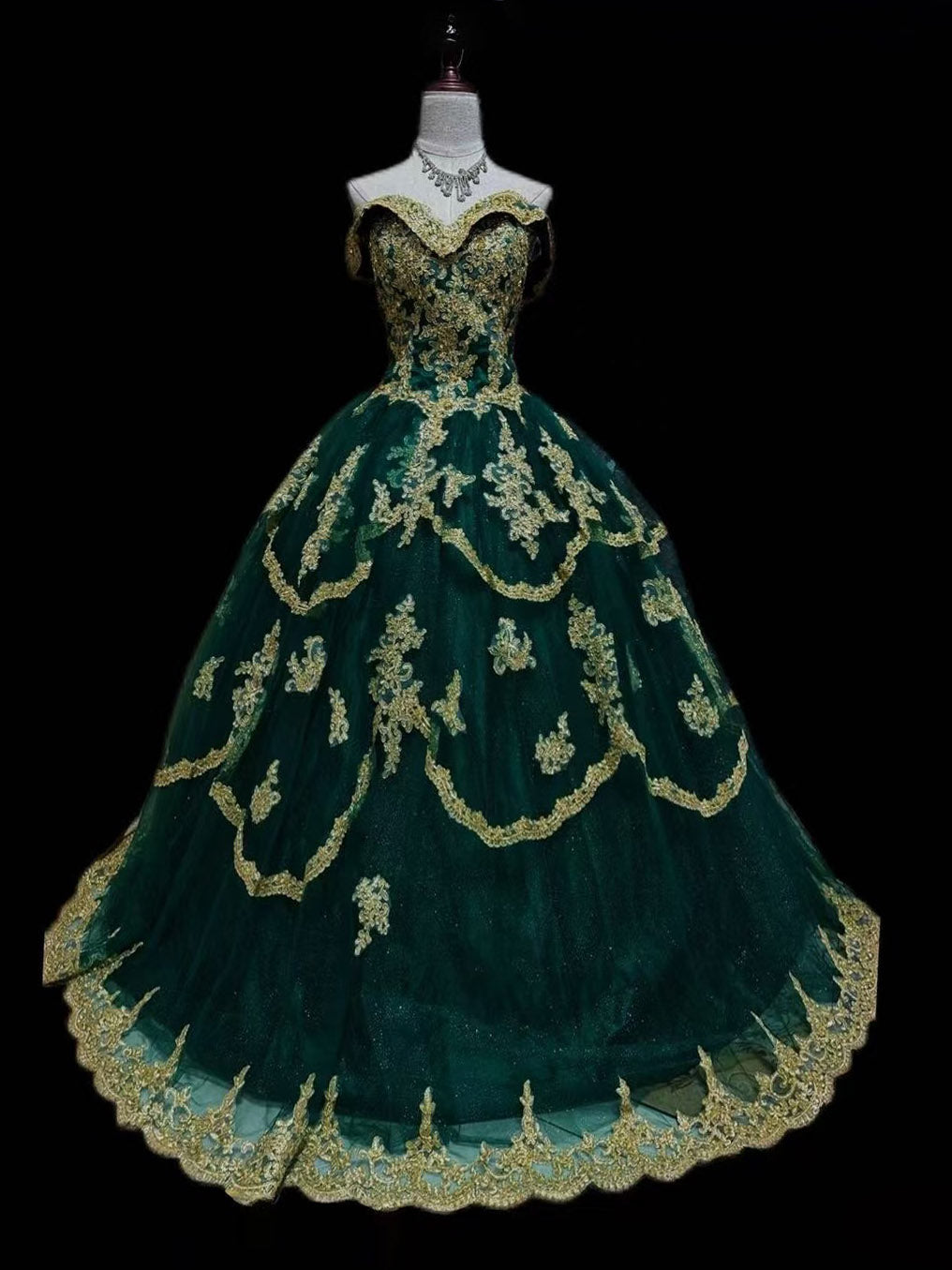 A-Line Tulle Lace Emerald Green Long Prom Dress