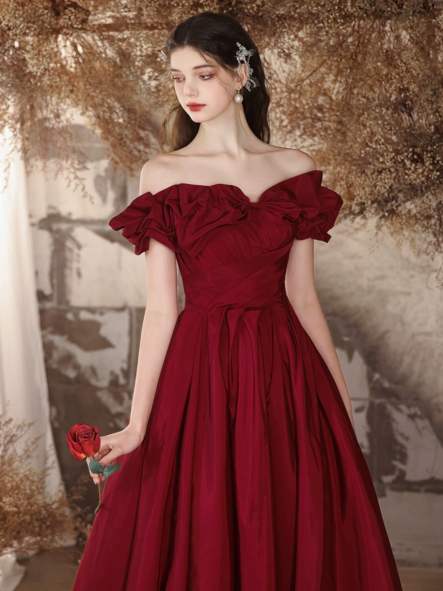 A-Line Off Shoulder Satin Burgundy Long Prom Dress, Burgundy Long Form – shopluu