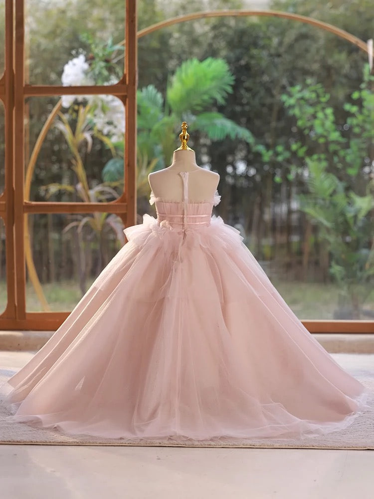 A-Line Pink Tulle Long Flower Girl Dress