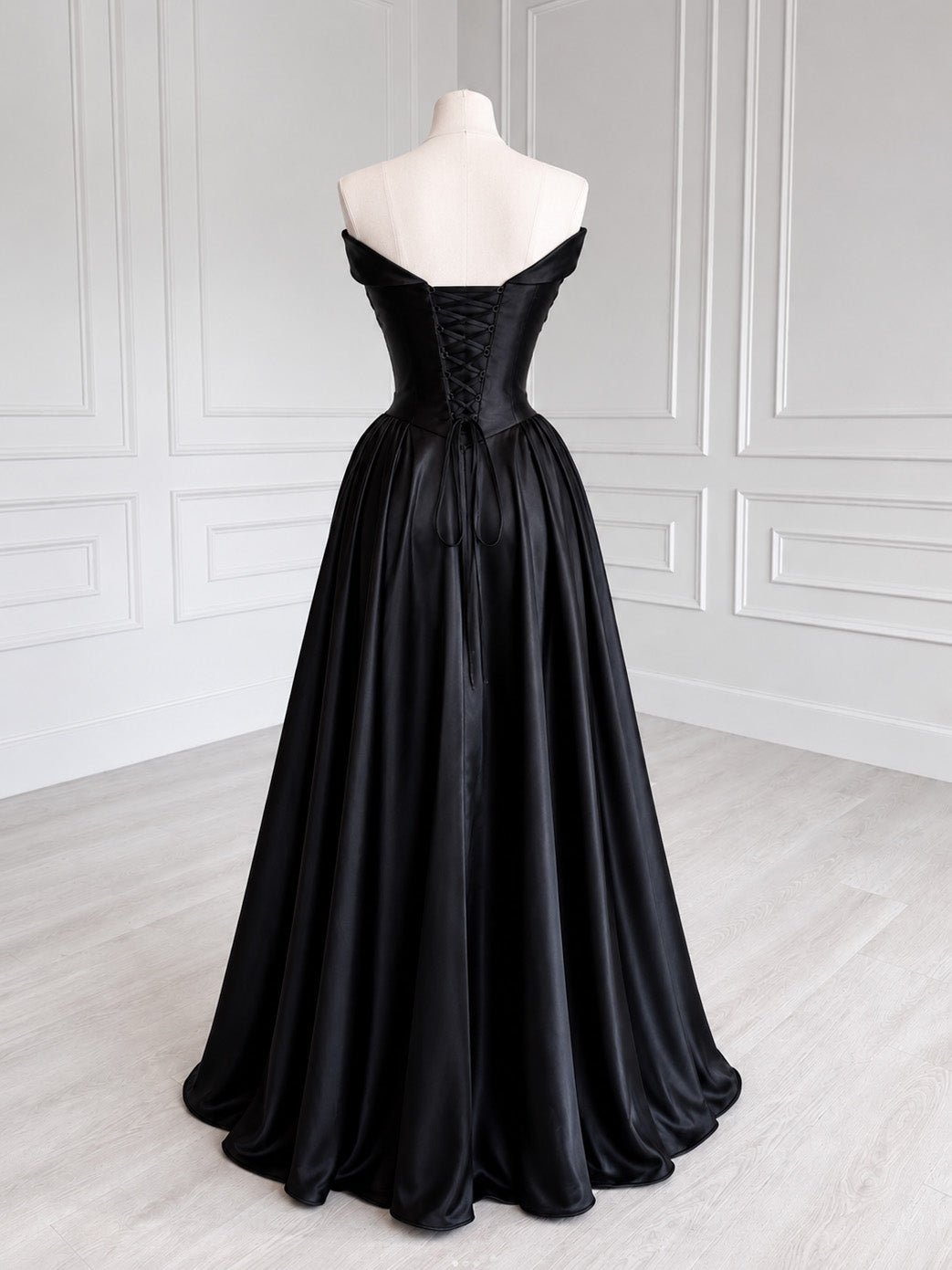 A-line V Neck Floor Length Black Long Prom Dress