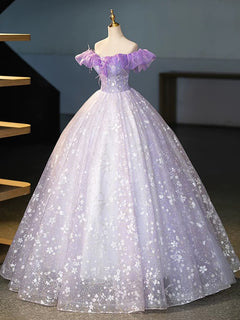 A-Line Off Shoulder Tulle Lace Purple Long Prom Dress, Purple Long Formal Dress