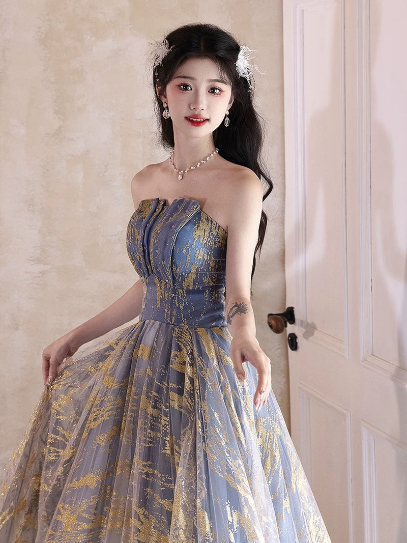 A-Line Tulle Gold/Blue Long Prom Dress, Blue Formal Evening Dress