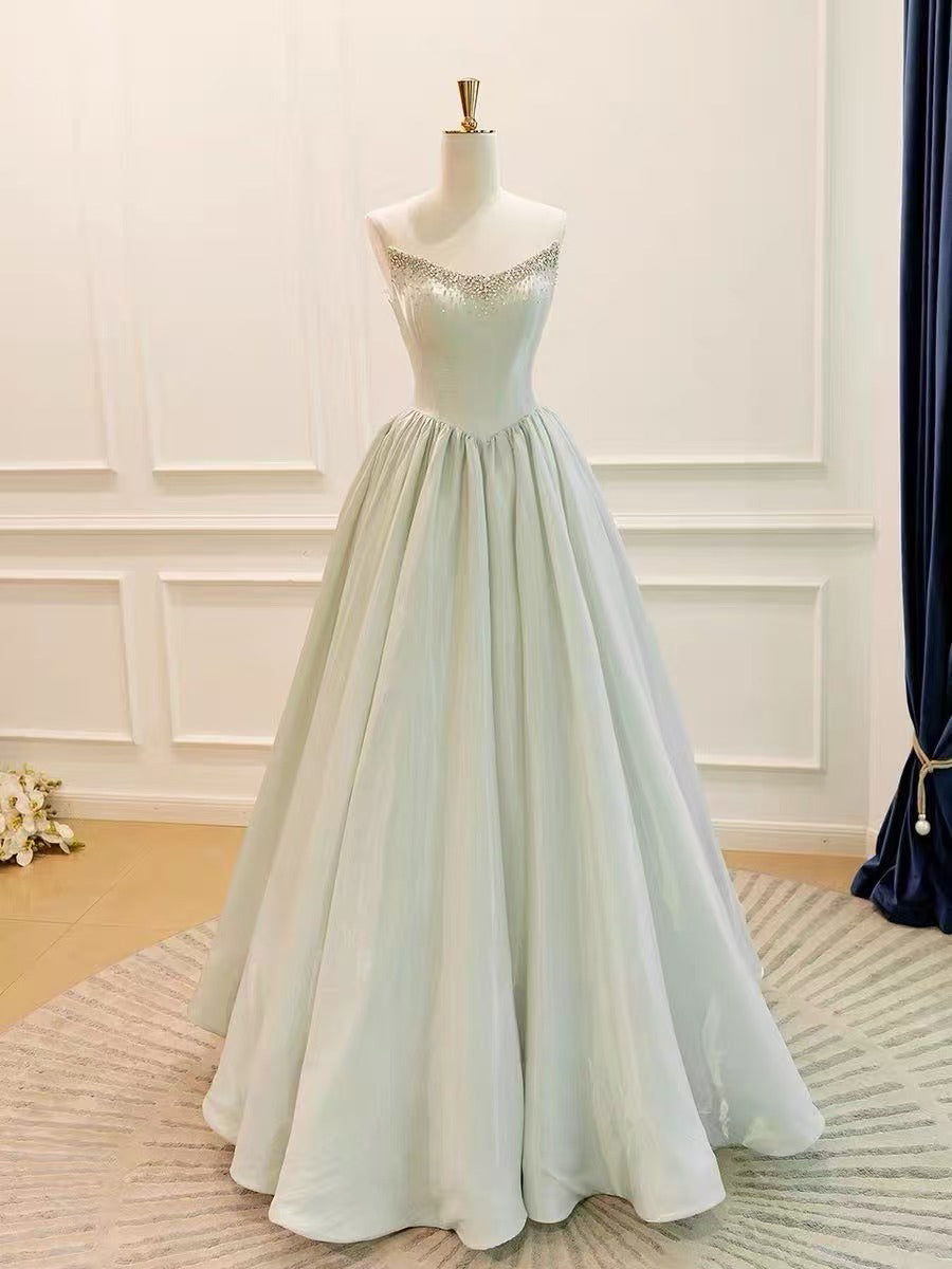 A-line V Neck Satin Beads Light Green Long Prom Dress