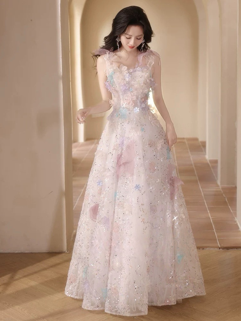 A-Line Tulle Lace Light Pink Long Prom Dress, Light Pink Formal Dress