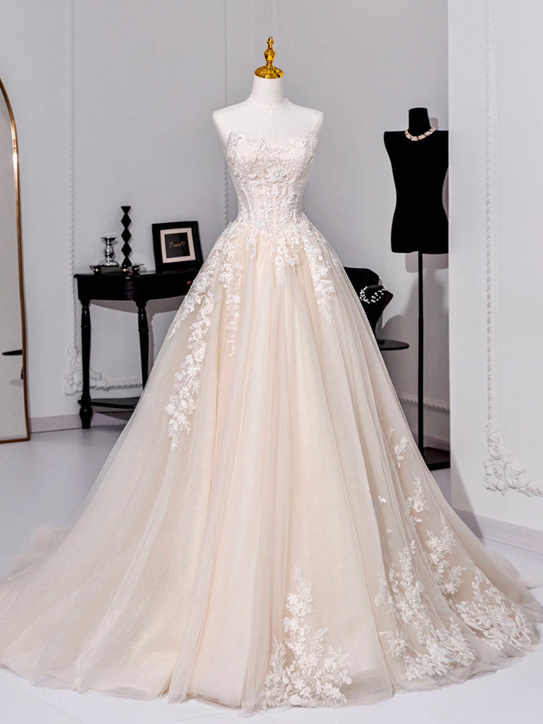 A-Line Tulle Lace Champagne Long Prom Dress, Champagne Long Formal Dress