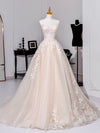A-Line Tulle Lace Champagne Long Prom Dress, Champagne Long Formal Dress