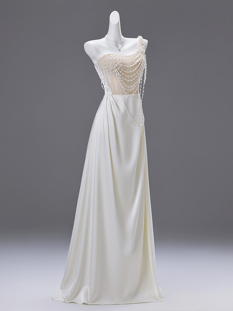 one shoulder prom dress white One-Shoulder Long Ball Gown Lace up One Shoulder Pearls Satin Prom