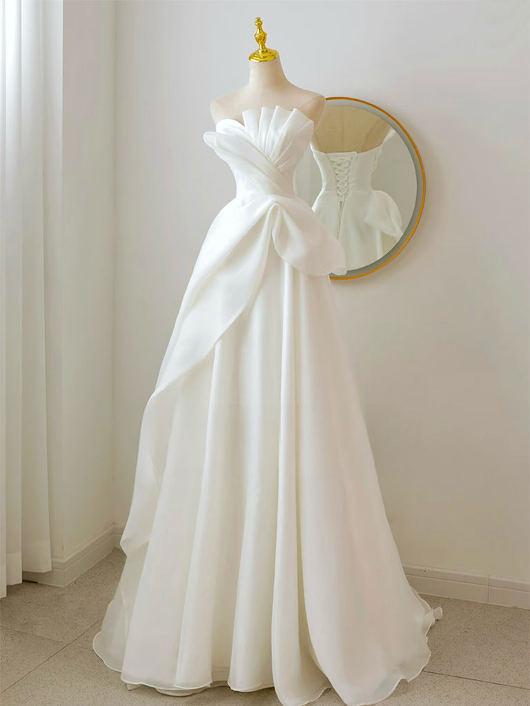 A-line White Organza Long Prom Dress, White Long Formal Dress