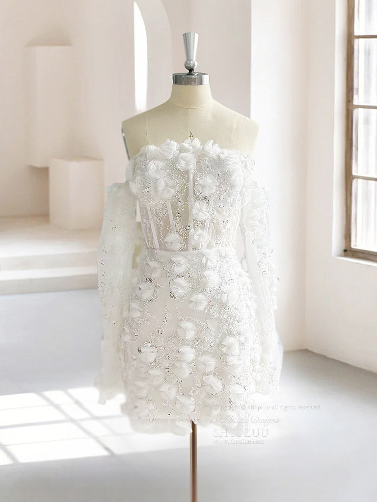White Long Sleeve Tulle 3D Flower Short Prom Dress, White Homecoming Dress