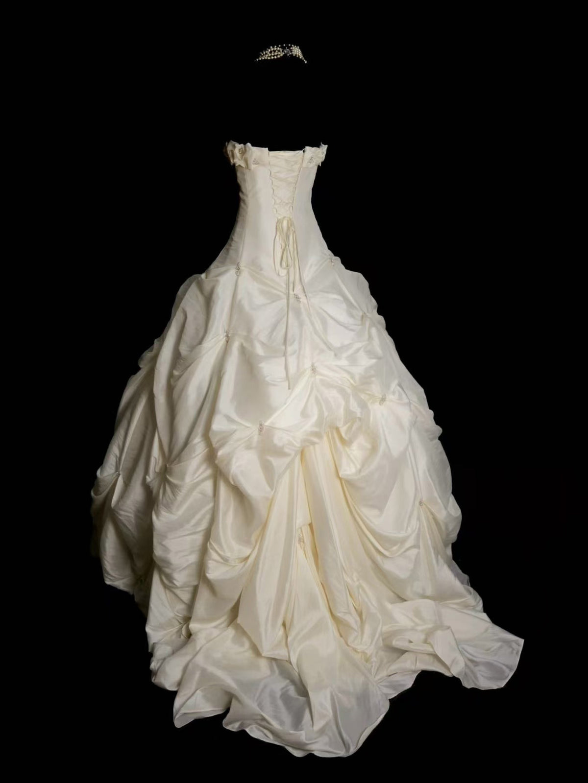 Ivory Strapless Taffeta Ball Gown Long Prom Dress with Ruffled Neckline