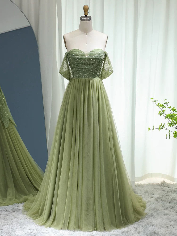 A-Line Off Shoulder Tulle Sequin Green Long Prom Dress, Green Long Formal Dress