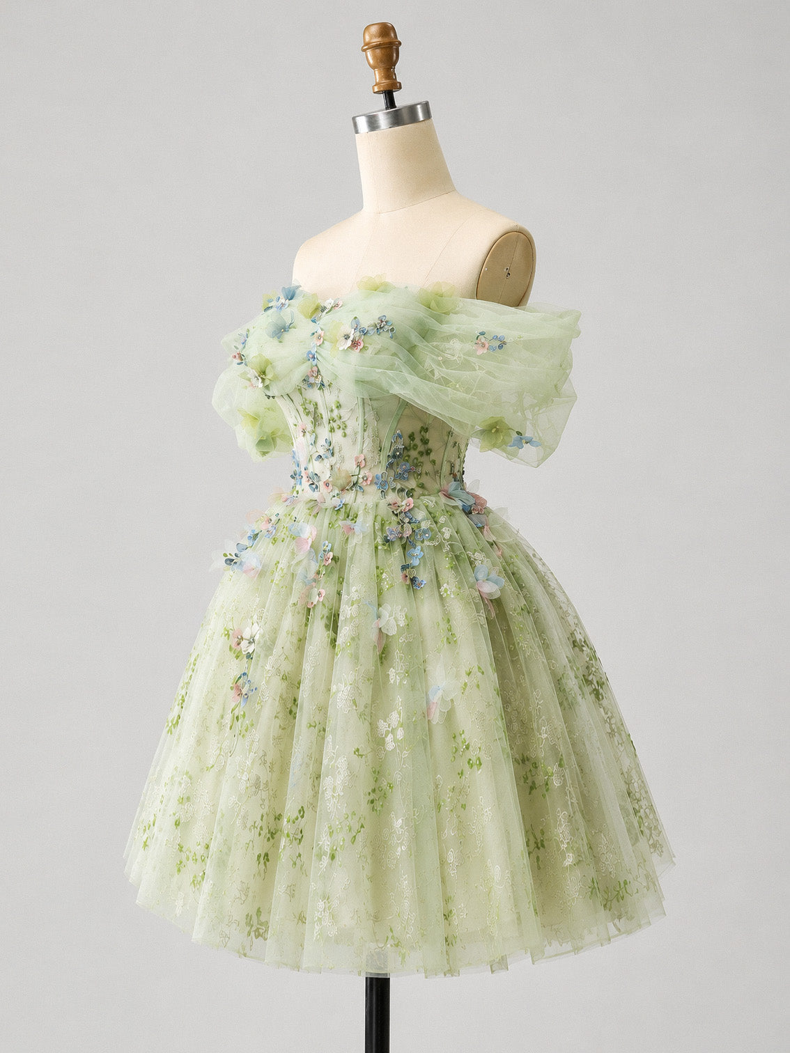 A-line Off Shoulder Tulle Lace Short Green Prom Dress,Cute Homecoming Dres