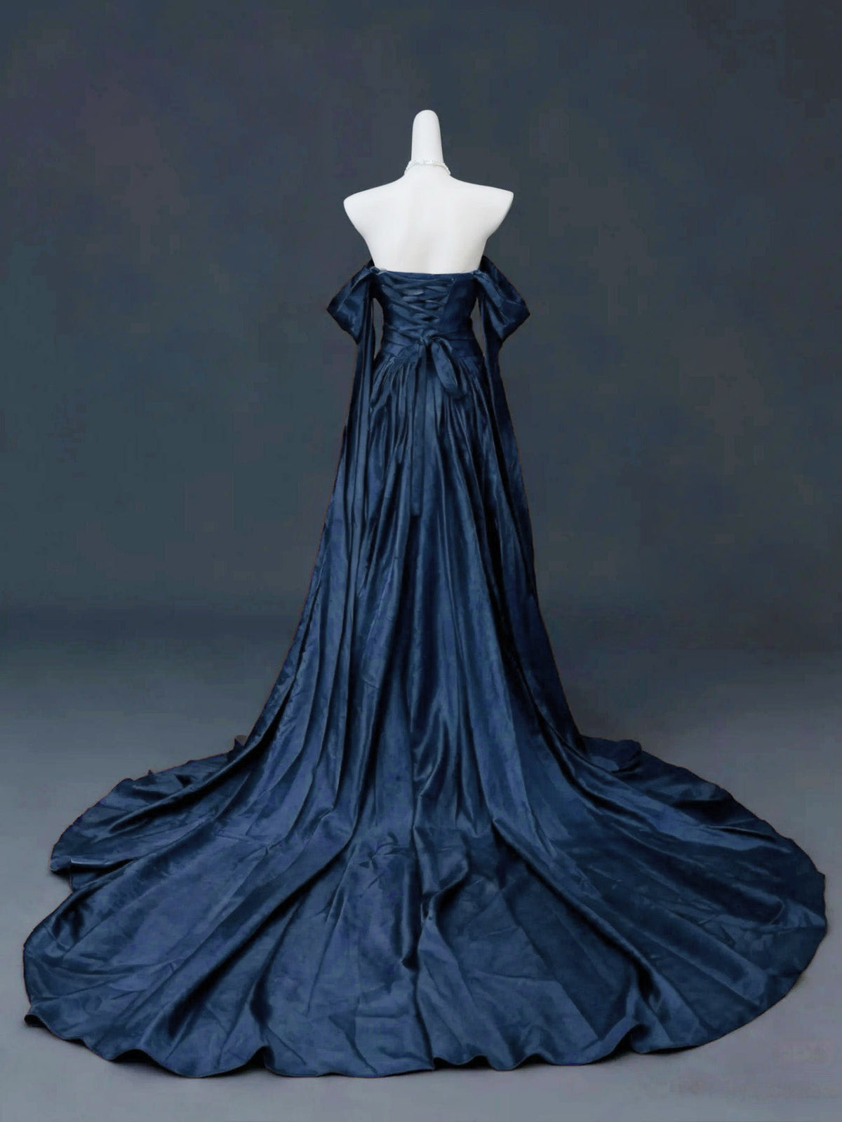 A-Line Off Shoulder Sweep Train Satin Dark Blue Long Prom Dress