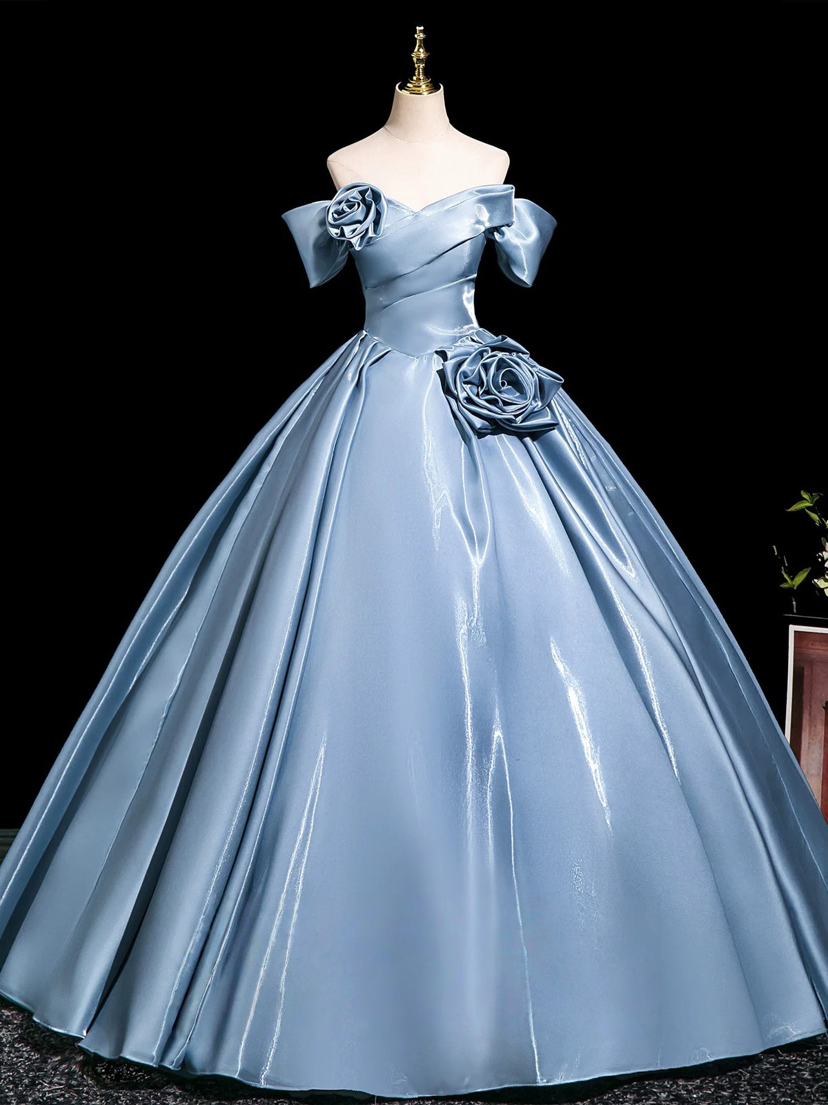 A-Line Off Shoulder Satin Floor Length Blue Long Prom Dress With 3D Flower
