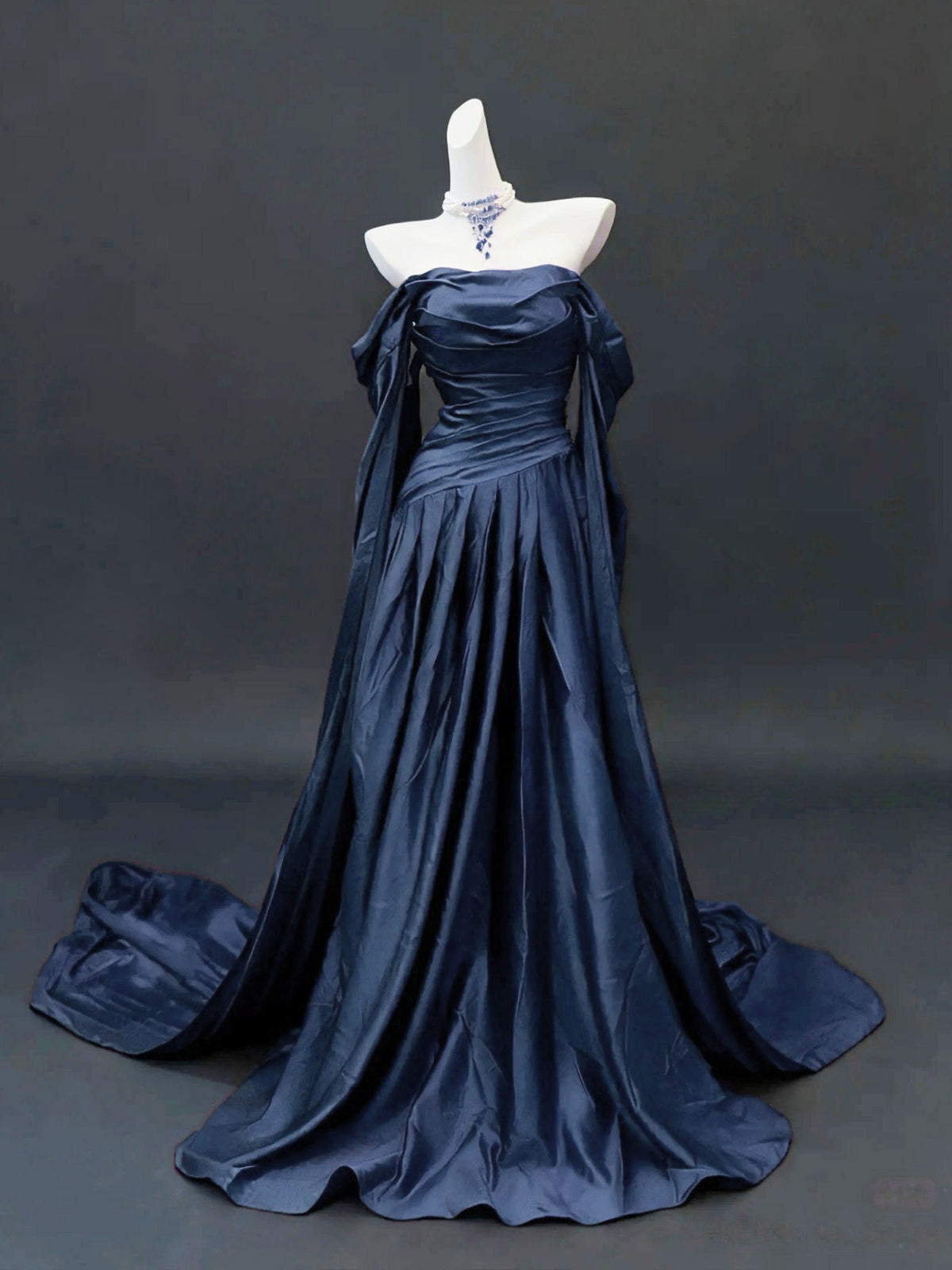 A-Line Off Shoulder Sweep Train Satin Dark Blue Long Prom Dress